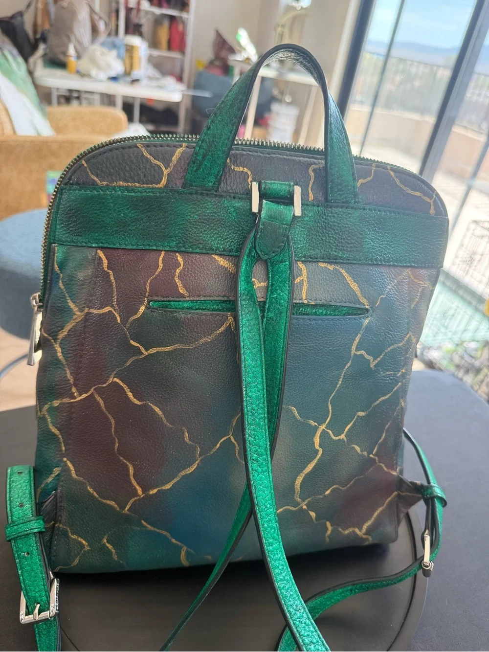 One of a kind hand painted Michael Kors Rhea Pebbled Leather Backpack